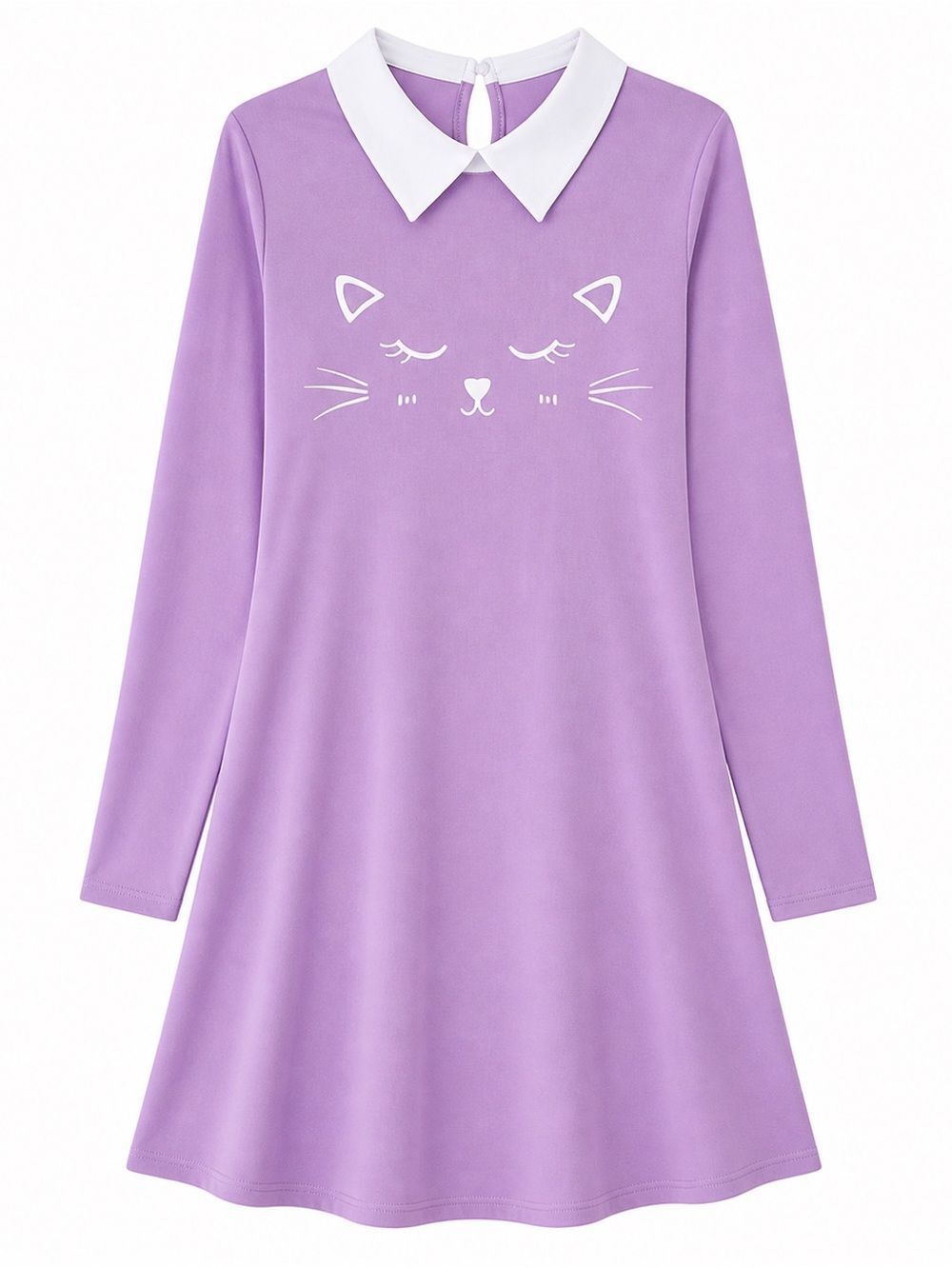 Kawaii Cat Face Peter Pan Collar Dress Purple Long Sleeve Juniors M